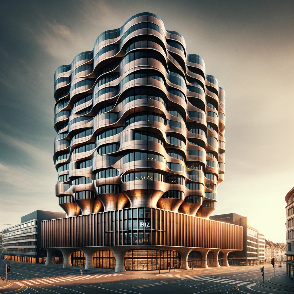 BIZ Tower Basel - Ikonisches Wahrzeichen der Finanzwelt und architektonisches Meisterwerk von Martin Burckhardt Hyperboloide Silhouette des BIZ Towers in Basel mit bronzefarbener Fassade und einzigartigem, skulpturalem Volumen