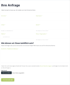 Ansicht des Kontakt- und Daten-Upload-Formulars von Gravotherm